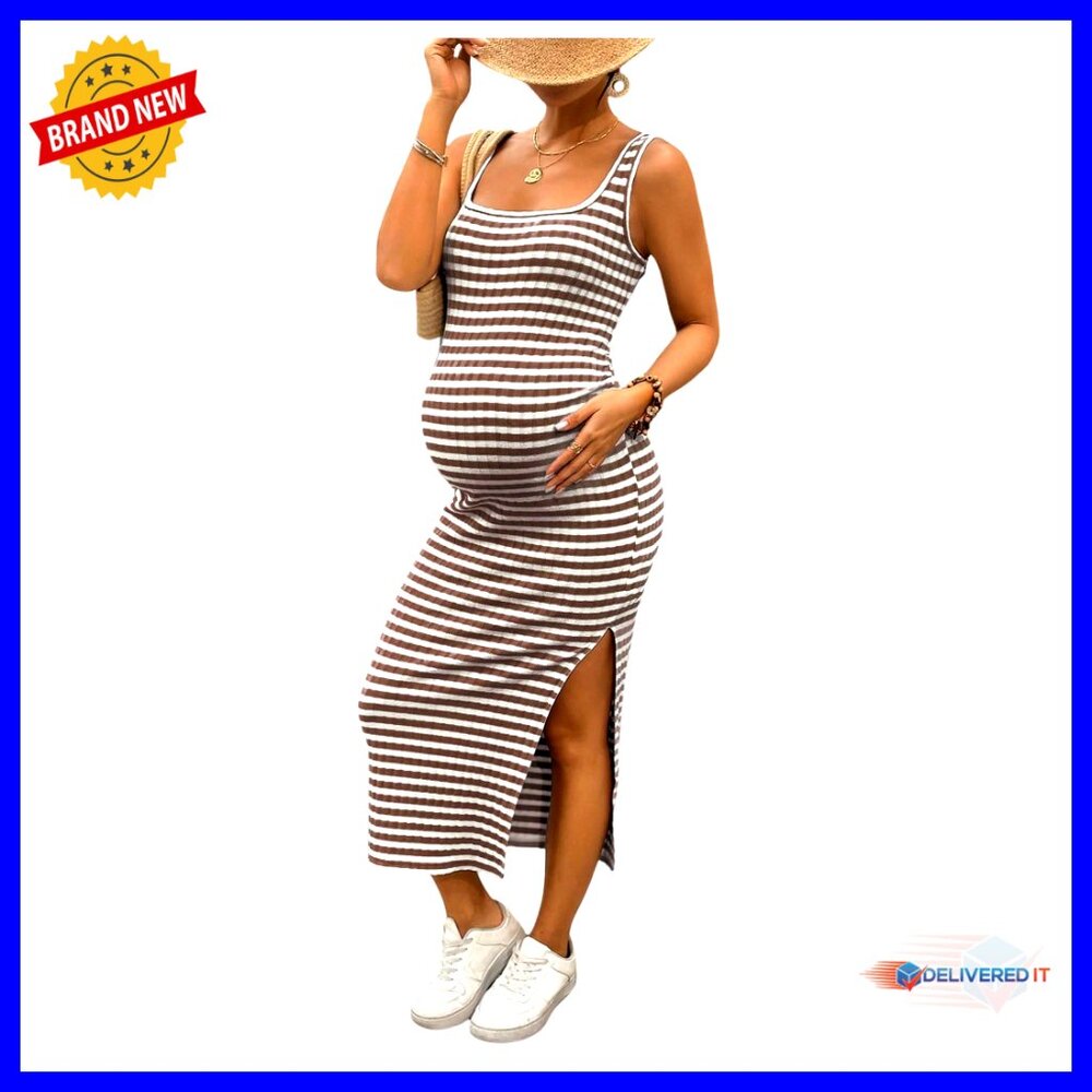 Maternity Dress Striped Sleeveless Ribbed Square Neck High Slit Long Tank